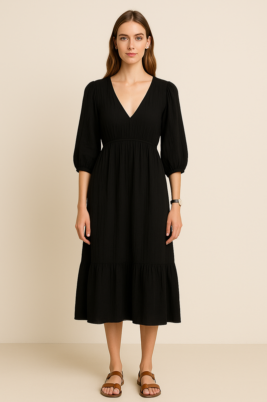 Ellara Black V-Neck Midi Dress
