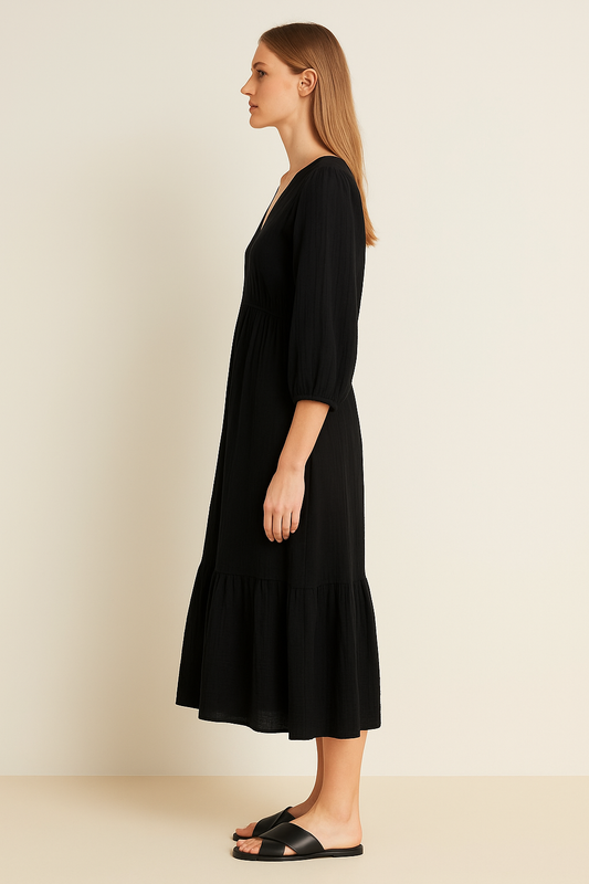 Ellara Black V-Neck Midi Dress