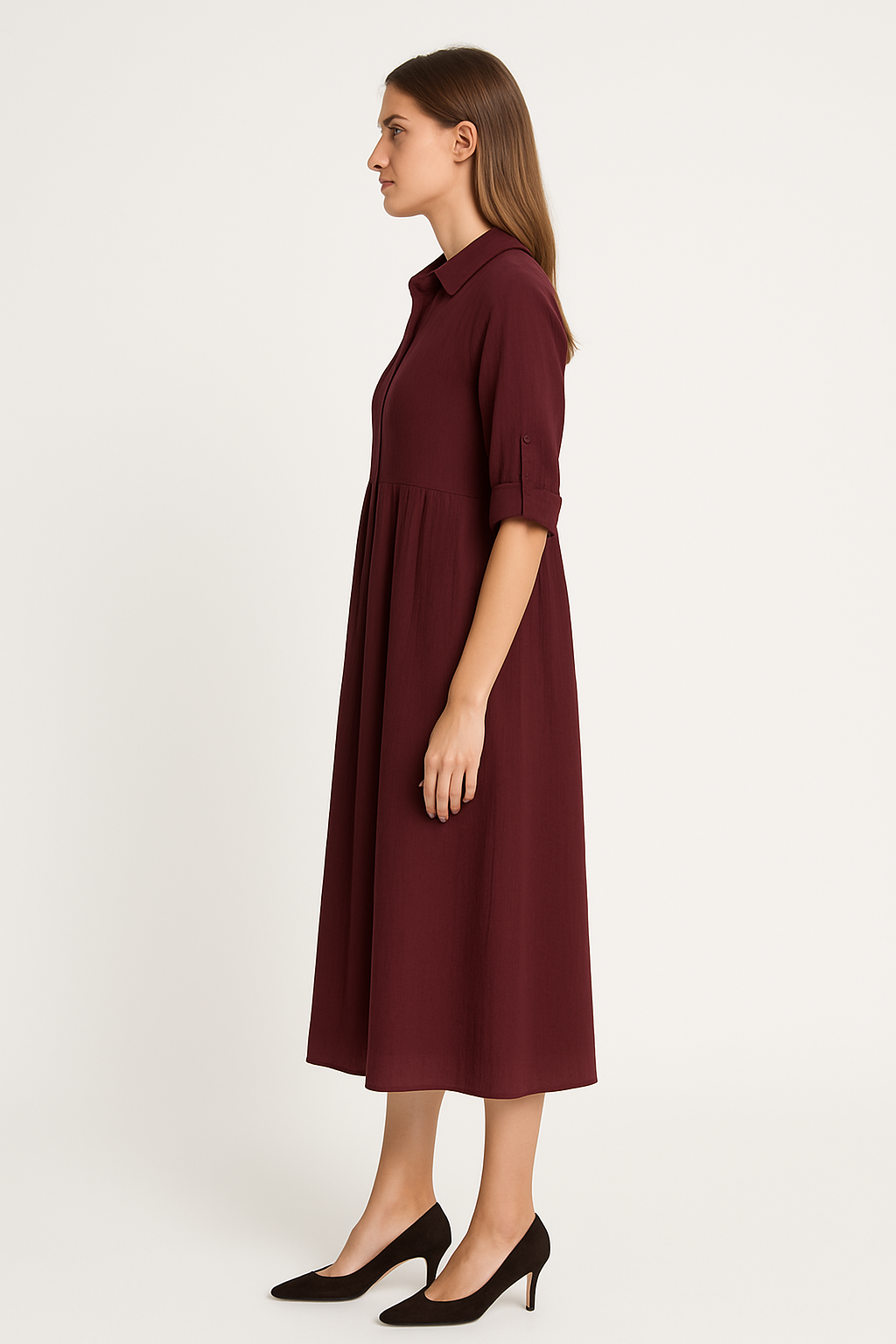Ellara Wine-Brown Midi Shirt Dress