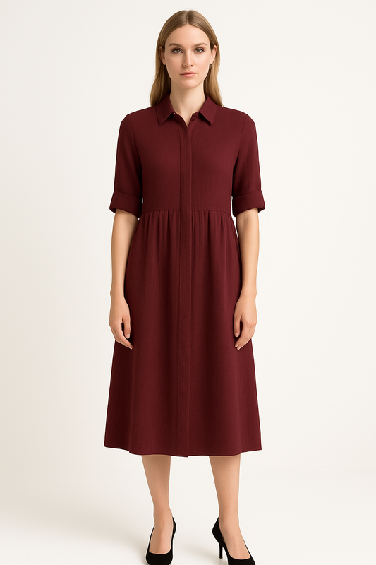 Ellara Wine-Brown Midi Shirt Dress