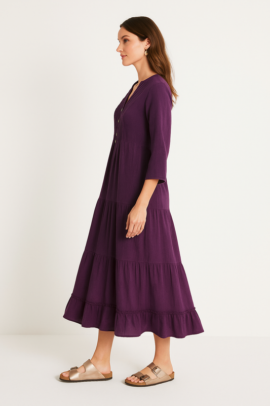 Deep Purple Tiered Maxi Dress with Pintuck details