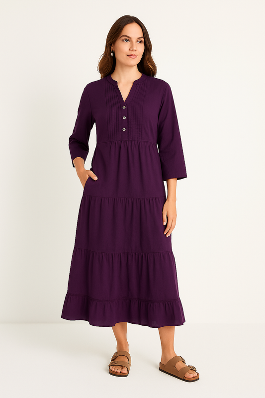 Deep Purple Tiered Maxi Dress with Pintuck details