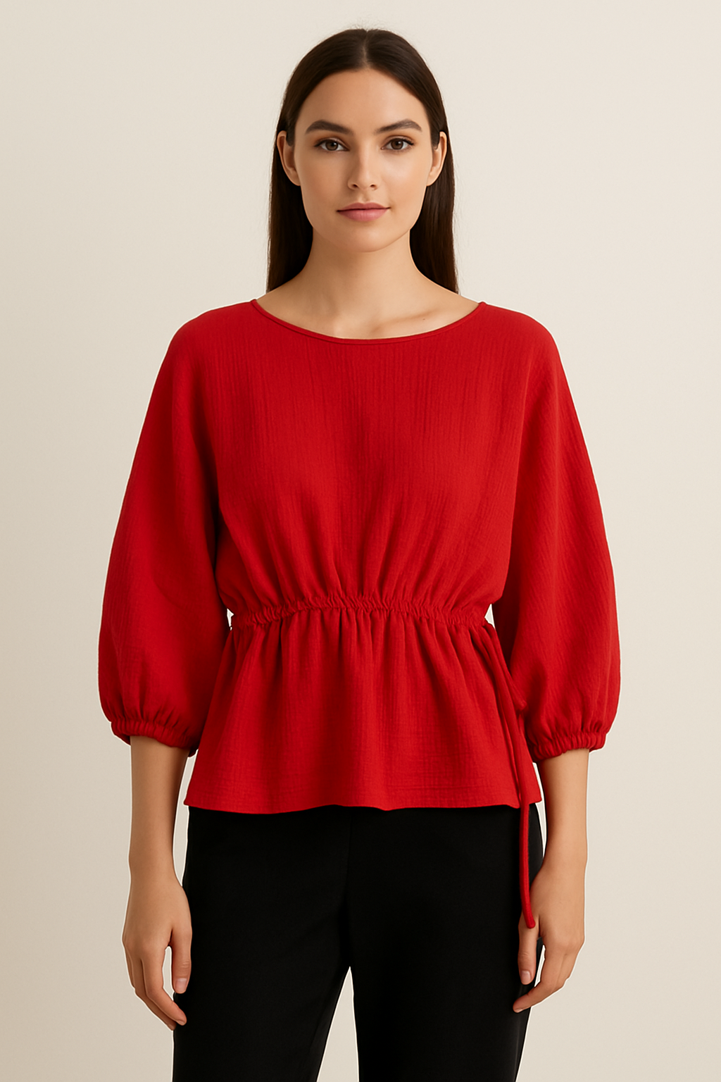 Ellara Red Side drawstring Round Neck Top