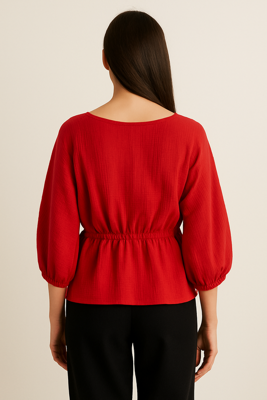 Ellara Red Side drawstring Round Neck Top