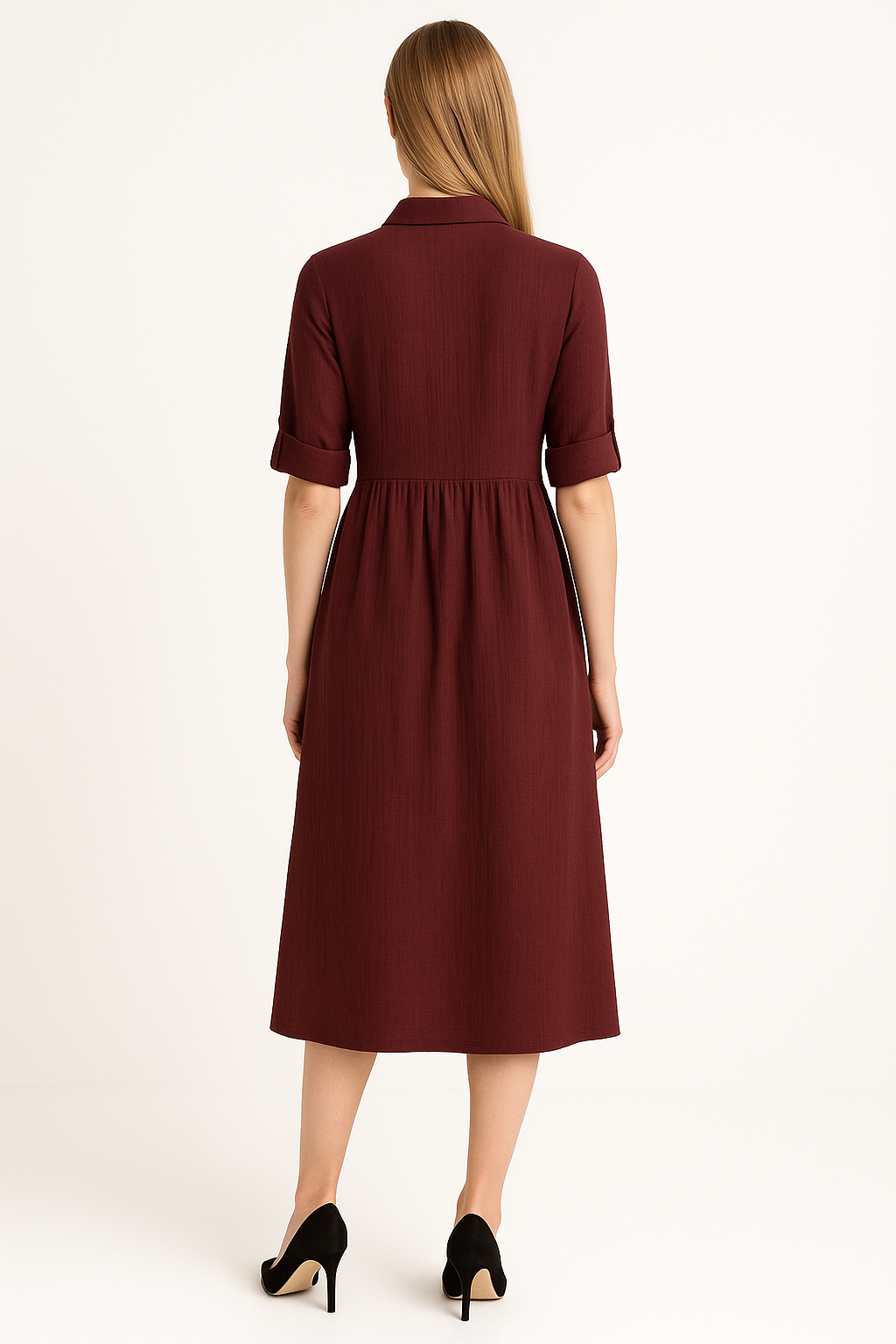 Ellara Wine-Brown Midi Shirt Dress