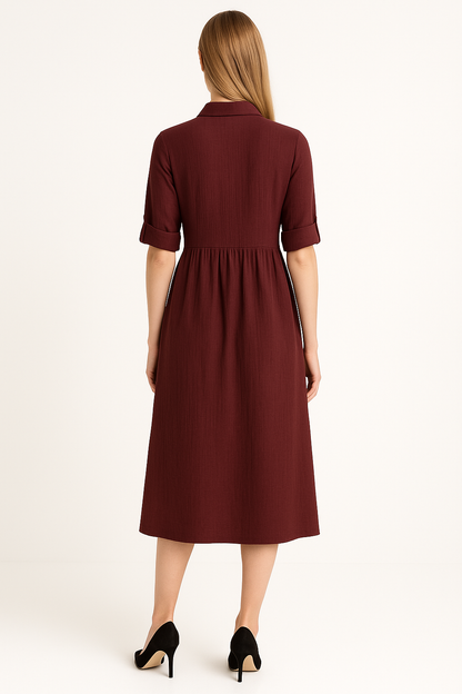 Ellara Wine-Brown Midi Shirt Dress