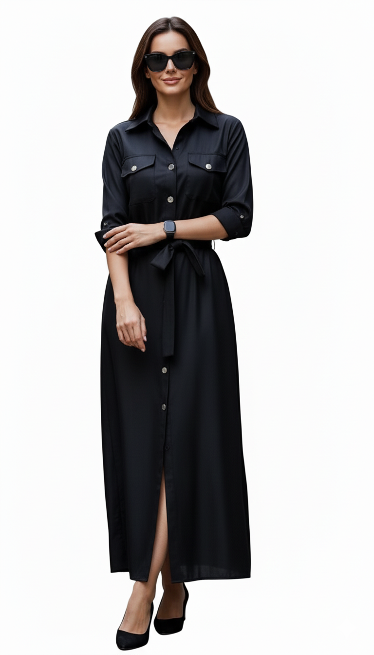 Black Cotton Exquisite Shirt Dress