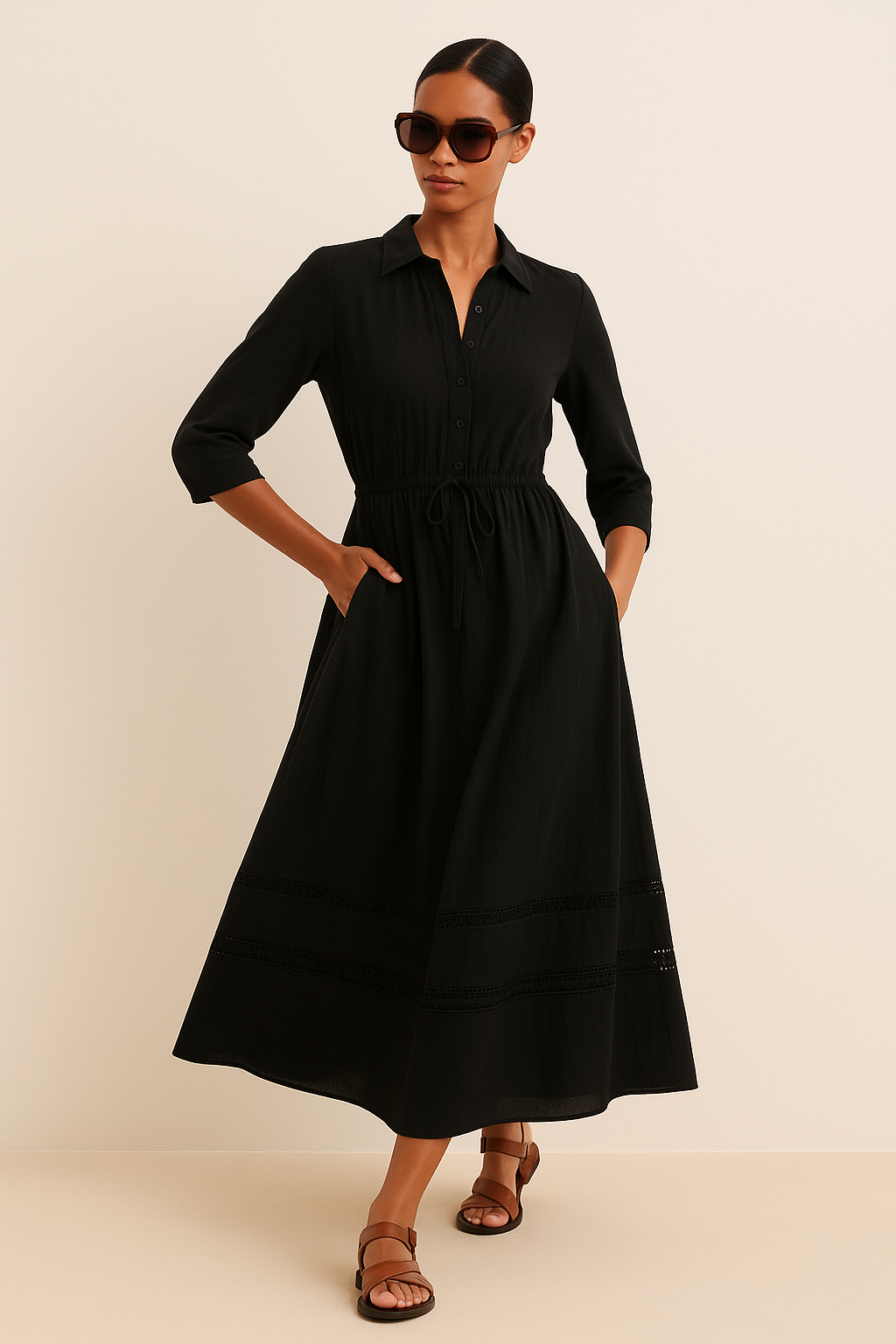 Ellara Black Ankle Length Dress with Lace Details