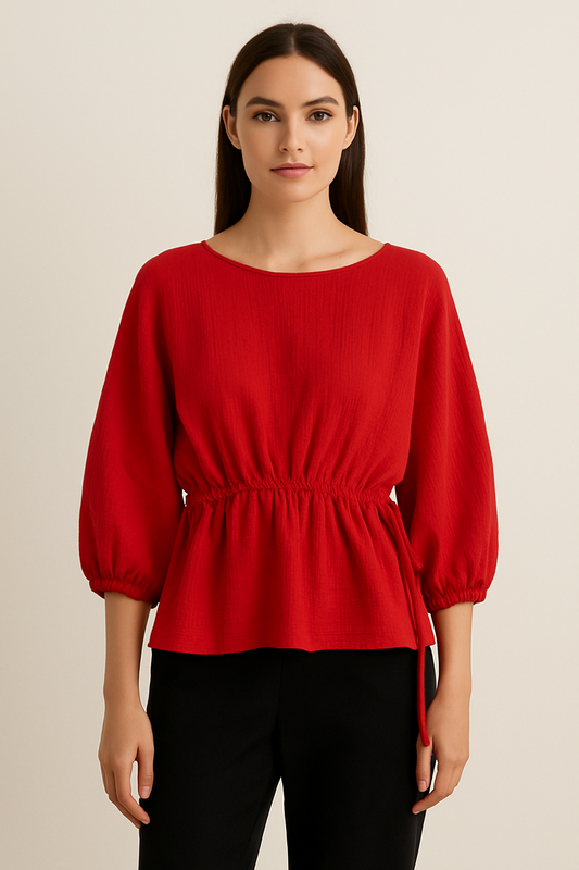 Ellara Red Side drawstring Round Neck Top