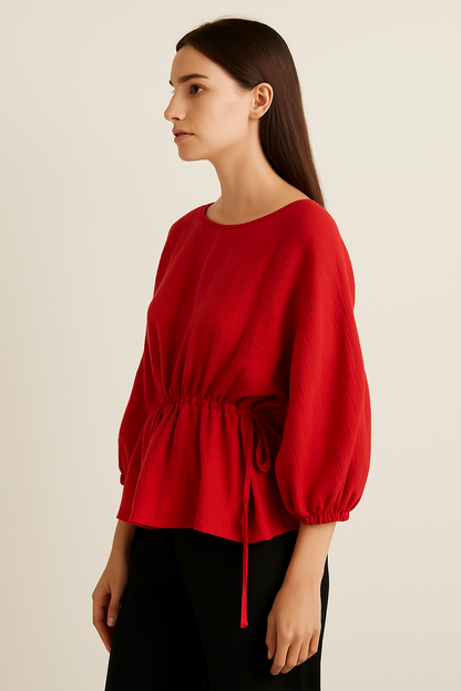 Ellara Red Side drawstring Round Neck Top