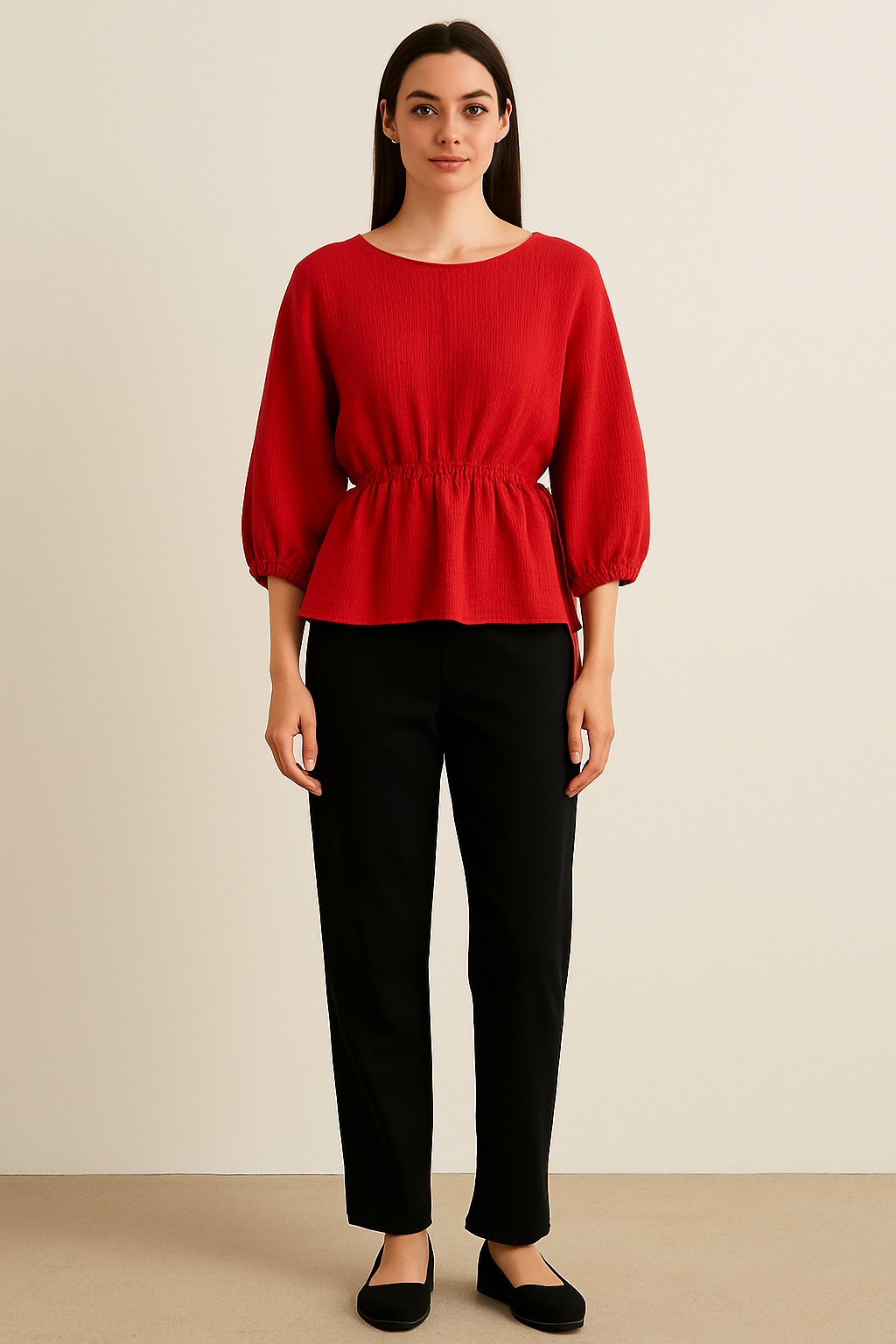 Ellara Red Side drawstring Round Neck Top