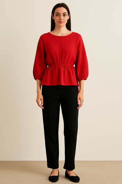 Ellara Red Side drawstring Round Neck Top